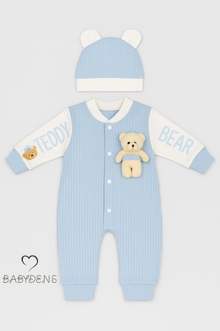 Babyden's Teddy Bear Temalı Yenidoğan Fitilli Tulum Takımı Ayıcıklı Erkek Bebek Tulum Şapka Set %100pamuk Mavi