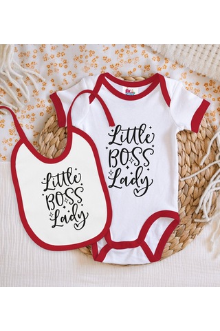 Bk Gift Bk Kids Little Boss Lady Tasarımlı Kırmızı Bebek Body Zıbın Ve Mama Önlüğü Hediye Seti-1 Çok Renkli