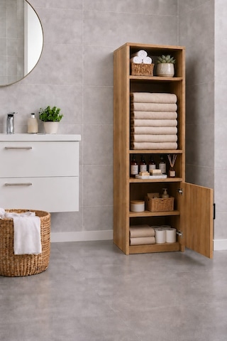 Rudu Duru Çok Amaçlı Banyo Dolabı Düzenleyici 45x34x156 Cm 1 Kapaklı 5 Raflı Meşe