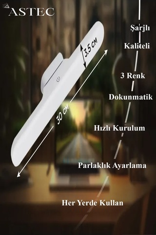 Astec Şarjlı Led Işık Dokunmatik Kablosuz Mıknatıslı 3 Renk Işık Dimli Kaliteli Beyaz