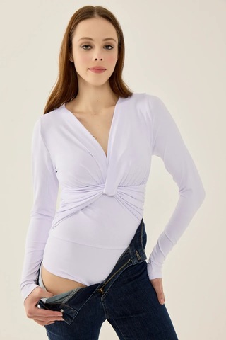 Hiccup V Yaka Uzun Kollu Slim Fit Bodysuit Tozlu Beyaz