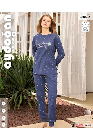 Aydoğan Kadın Lavin Ribana Manşetli Mavimsi Mor Koton Pijama Takım 0534 Mavi