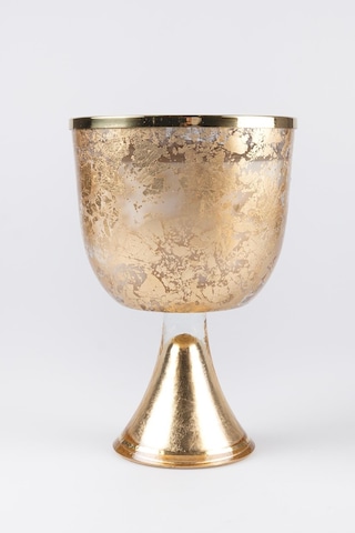 Altın Varak Eskitme Ayaklı Cam Mumluk Kokusuz Mum Logo Kapaklı Büyük 24.5x15 Cm