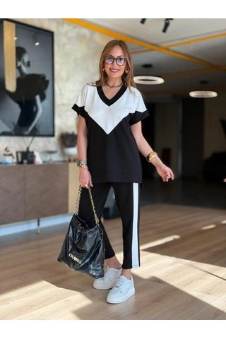 Modaserdem Kadın Kısa Kollu V Yaka Siyah Beyaz Renkli Viskon Iki Iplik Kumaş Eşofman Takımı Siyah