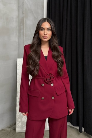 Msm Fashion Kadın İkili Blazer Ceket Pantolon Takım Aksesuar Ve Düğme Detaylı Bol Paça Bordo