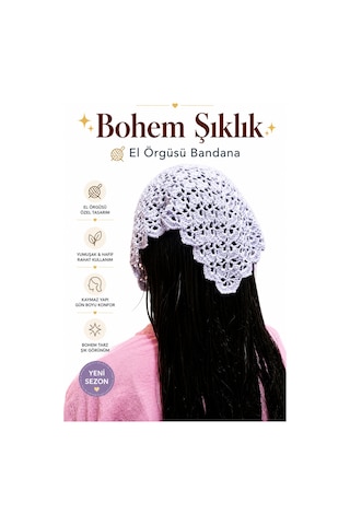 Kadın El Örgüsü Saç Bandanası Bohem Kombin Bone Yazlık Bandana Saç Aksesuarı Lila Renk Beyaz