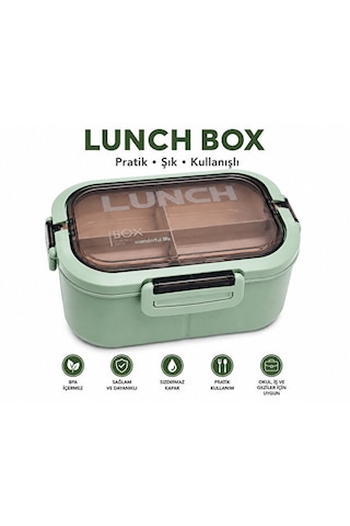 Bölmeli Lunch Box Sızdırmaz Kapaklı, Çatal Kaşık Bıçaklı Pratik Yemek Saklama Kabı Beslenme Kabı Yeşil