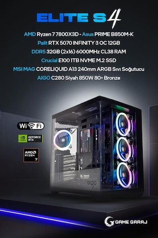 Game Garaj Elite S4 R7-7800X3D 32 GB 1 TB SSD RTX5070 Free Dos Oyuncu OEM Paket