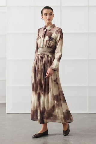Molene Kahverengi Batik Desen Maxi Elbise