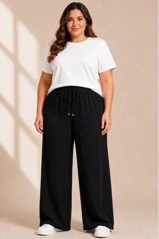 DefyModa Battal Beden Bürümcük Kumaş Beli Lastikli Bağcıklı Bol Paça Palazzo Pantolon - Siyah