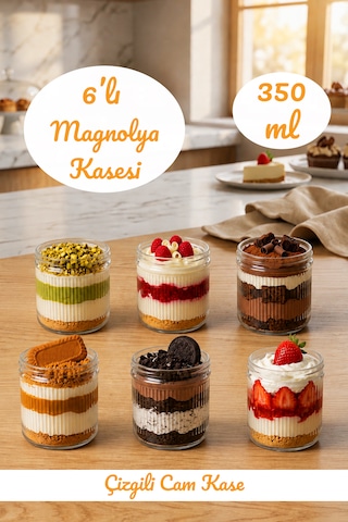 6'lı Çizgili Cam Magnolya, Cheesecake, Çerezlik, Kahvaltılık, Tatlı Kasesi Seti 350 Ml Şeffaf