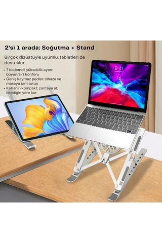 Shopytech Fanlı Katlanır Laptop Notebook Standı 7 Kademeli Yükseklik Alüminyum Alaşım 16 İnc Uyumlu