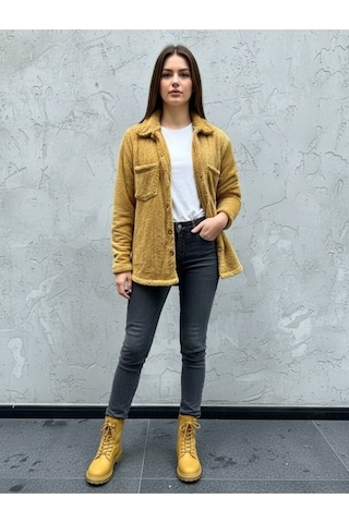 Kadın Slimfit Peluş, Polar, Düğmeli, Teddy Gömlek Yaka, Cepli, Sıcak Tutucu Yumuşak Kışlık Ceket Taba