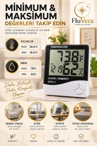Dijital Termometre Nem Ölçer Saatli Higrometre Sıcaklık Ölçer Lcd Ekran