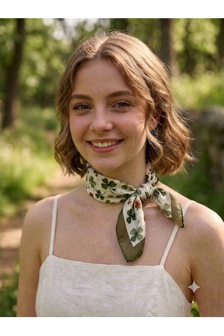 Trend Dokunuş Kadın 50-50 Saten Dört Yapraklı Yonca Fular Bandana Haki