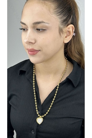 Xxx Top Zincirli, Sedefli Kalpli, Paslanmaz Çelik Kolye 232, Altın Renk Altın