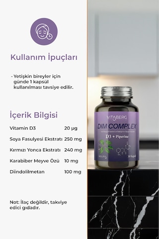 Dim Complex 30 Kapsül Dım 100 Mg, D3 Ve Bitkisel Ekstreler İçeren Takviye Edici Gıda