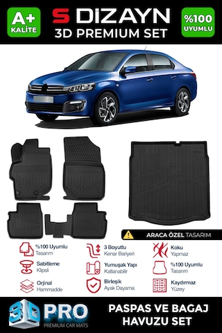 S-dizayn Citroen C-elysee 3d Pro Havuzlu Paspas Ve Bagaj Havuzu Seti 2'li Set 2012-2017 A+ Kalite