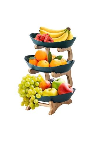 Reedark 3 Katlı Bambu Meyve Tepsisi - Çok Amaçlı Atıştırmalık Ve Pasta Sunum Standı Yeşil Koyu Yeşil