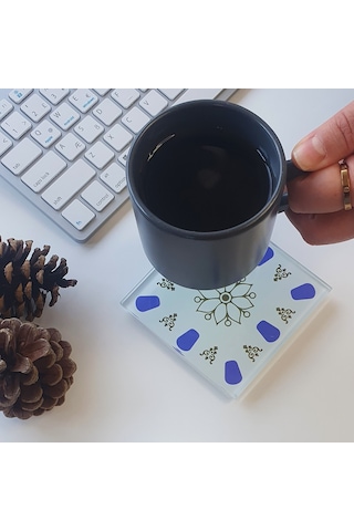 Decorita Cam Bardak Altlığı | Acem Kahveci - Mavi | 4'lü Takım Kırmızı