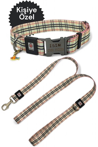 Metal Kilitli Köpek Tasma Seti, Boyun Tasması Ve Gezdirme Kayışı Krem