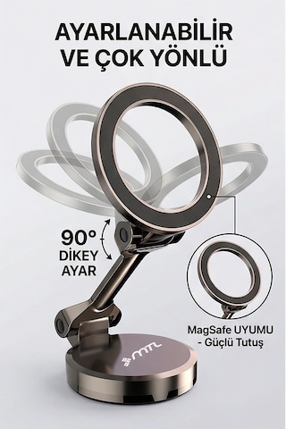 Katlanabilir Magsafe Uyumlu 360 Döner Çok Açılı Metal Telefon Standı Ve Araç İçi Telefon Tutucu Gri