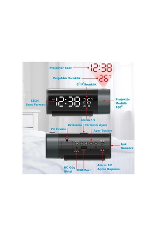 Projeksiyonlu Dijital Led Çalar Saat Silindir Tasarım, Usb Şarjlı, Sıcaklık Göstergeli, Çift Alarm, Gece Yan Çok Renkli