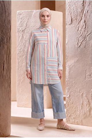 Armine Trend Çizgili Asimetrik Blok Detaylı Düğmeli Uzun Kollu Oversize Gömlek Tunik 90 Cm Boy Oranj 26yt490