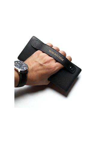 Telefon Bölmeli Cüzdan İsim Baskılı Mıknatıslı Ve El Bantlı Paraportföy Siyah