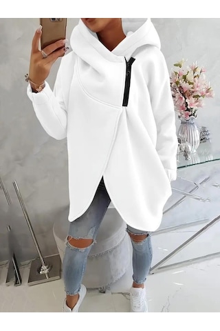 Beyaz Kadın 3 İplik Şardonlu Kapüşonlu Ceket Asimetrik Fermuarlı Oversize Beyaz