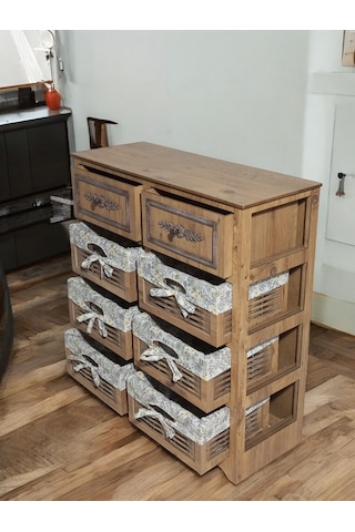 Ahşap 8 Çekmeceli Hasır Görünümlü Sebzelik Atlantik Çam