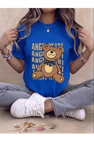 Unisex Ayıcık Baskılı Kompakt T-shirt Mavi