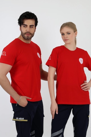 112 Acil Sağlık Yuvarlak Yaka Penye Kısa Kol Tshirt - Kırmızı