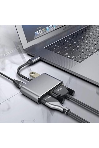 Hb-03 4k Hdmi Vga Type C Usb Çok Fonksiyonlu Metal A Kalite Kalın Kablolu Hub Hb-03 Vga Hdmı Usb Type C 4k Hd Hub Acı Kahverengi