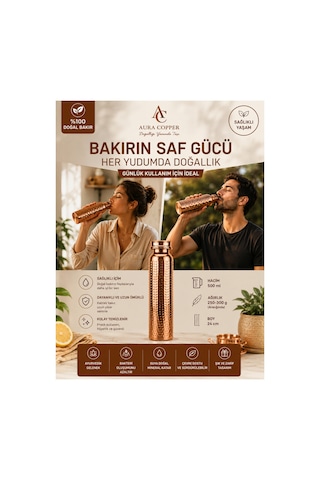 El İşçiliği Bakır Matara 500 Ml Günlük, Spor, Okul Ve Ofis Kullanımına Uygun Bakır Su Şişesi - Suluk Dövme