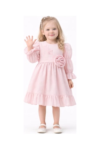 İrem Çocuk Giyim Kız Çocuk Çiçek Detaylı Balon Kol Model Etek Kısmı Fırfırlı Uzun Kol Midi Boy Pembe Renk Elbise Pembe