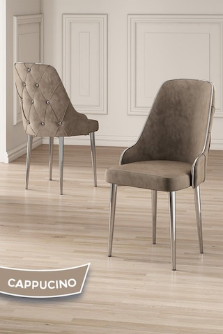 Canisa Vae Serisi 90x160 Lak Panel Beyaz Mermer Desen Krom Ayak Masa Takımı 6 Cappucino Sandalye Beyaz Mermer Desen Masa Sandalyeler Cappucino