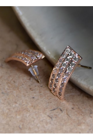 Rose Kaplama Üç Sıra Taşlı Dikdörtgen Kadın Küpe Rose Gold