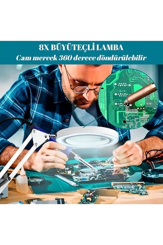 Işıklı Masa Üstü Büyüteç 8x ,2 Kollu, 64 Led, 3 Işık Modlu, Usb Kumandalı