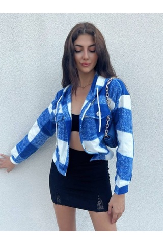 Kapşonlu Ekose Polar Crop Ceket -mavi Karışık