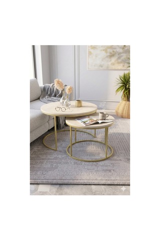 Milas Orta Sehpa 75-60 Cm Mat Gold Metal - Traverten Desen Tabla Gold Traverten