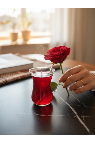 2 Adet Çay Bardağında Çay Jel Mum Dekoratif Kırmızı