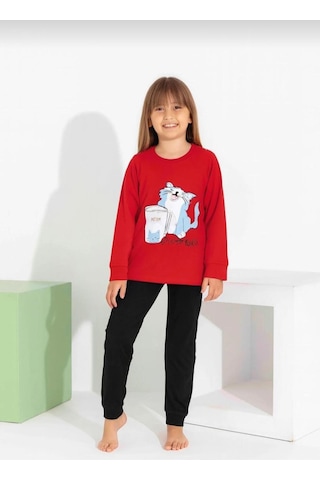 Kız Çocuk Kedi Baskılı Uzun Kollu Pijama Takımı Rahat Ev Giyimi-8411- Kırmızı
