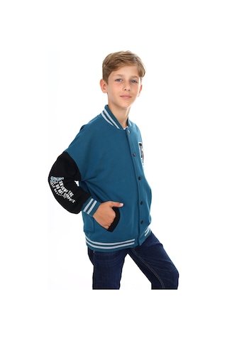 Toontoy Kids Toontoy Erkek Çocuk Kolej Yaka Çıtçıt Kapama Düşük Omuz Cepli Baskılı Renk Bloklu Örme Hırka - Tk24184 Petrol Mavi