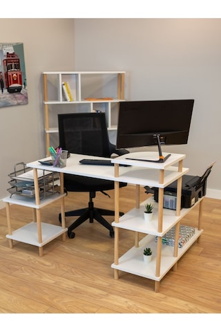 Çalışma Masası 5 Raflı Ahşap Ayaklı Dekoratif Modern Bilgisayar Ofis Masası - Beyaz - Köşe