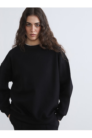 Lcw Vision Siyah Bisiklet Yaka Oversize Kadın Kalın Sweatshirt