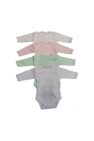 özdemirli bebe Uzun Kollu Çıtçıtlı Badi Bisiklet Yaka Body Hava Alır Kumaş Düz Renk Zıbın (4lü Paket) 0-48 Ay Arası