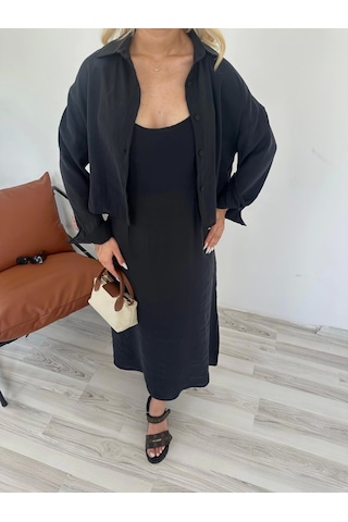 Keymoda Kadın Gömlek Elbise Takım Siyah Siyah