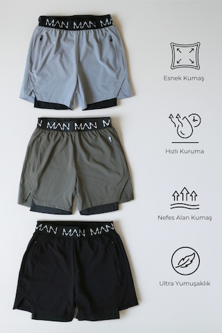 Nature The Brand 3 Lü Paket Unisex Gym Ve Fitness Astarlı Taytlı Şort Yazılı Lastik Karışık