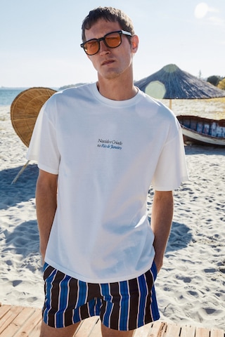 Grimelange Copacabana Erkek Ön Arka Çatlayan Baskı Detaylı %100 Organik Pamuk Oversize Kısa Kollu Beyaz T-shirt